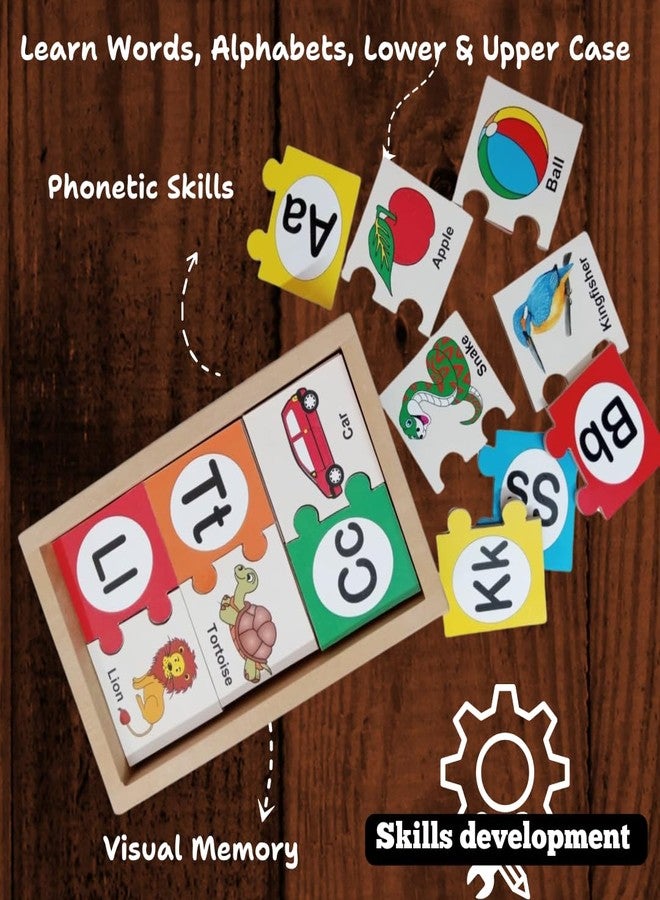 Toyjos Kids Alphabet Learning Puzzle Set | Non-Toxic Colorful 2pcs Jigsaw Puzzle with Wooden Box | Early Education Capital and Small Letter Matching Toy with Pictures for Preschooler Kids, Boys, Girls - Image 5